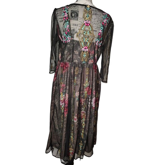 Wayward Fancies Medium Black Dress Flower Embroidery Tulle Overlay Boho Festival - Picture 3 of 8